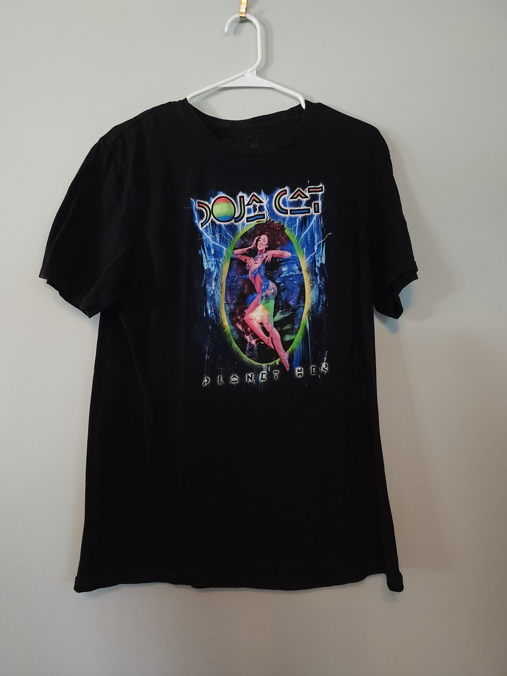 Black Short Sleeve Graphic Tee with Neon Doja Cat Print